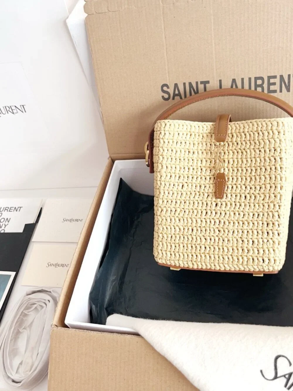 Saint Laurent LE 37 Mini Bucket Bag in Raffia and Leather